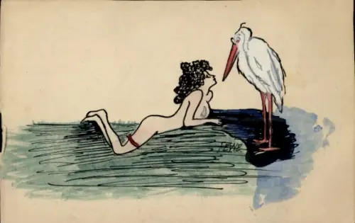 Handgemalt Künstler Ak Nackte Frau, Storch, Erotik