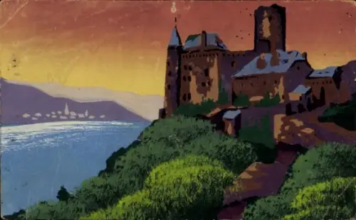 Handgemalt Ak St. Goarshausen am Rhein, Burg Katz