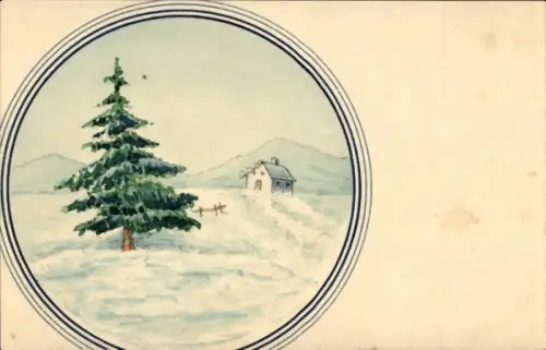 Handgemalt Ak Winterlandschaft, Tannenbaum