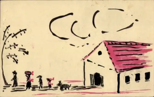 Handgemalt Ak Wohnhaus, Familie mit Hund