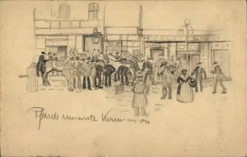 Ganzsachen Ak Menschenansammlung auf dem Platz, Geschäfte