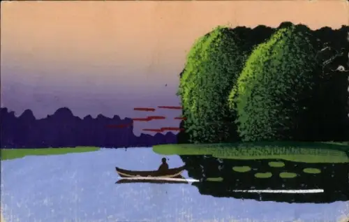 Handgemalt Ak Flusspartie, Ruderboot
