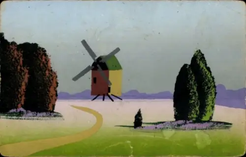 Handgemalt Ak Landschaft, Windmühle