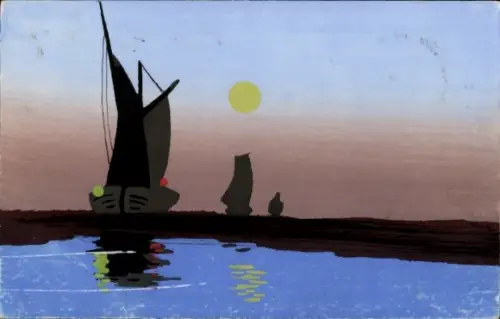 Handgemalt Ak See bei Nacht, Segelboote