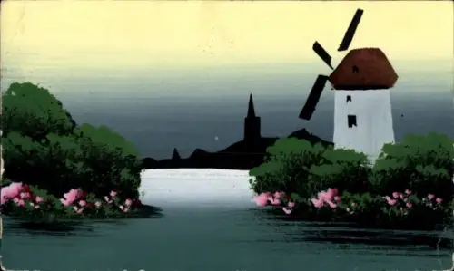 Handgemalt Ak Fluss, Windmühle am Wasser, Kirche