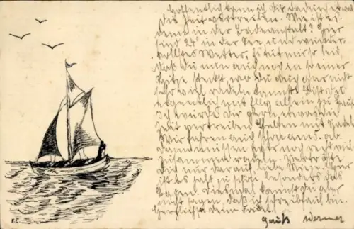 Handgemalt Künstler Ak Segelboot, Wellengang