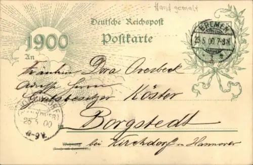 Handgemalt Ganzsachen Ak Ortspartie, Windmühle