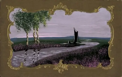 Handgemalt Präge Passepartout Ak Fluss, Segelboot