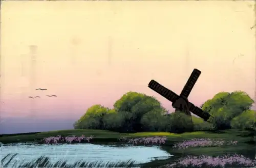 Handgemalt Ak Flussufer, Windmühle