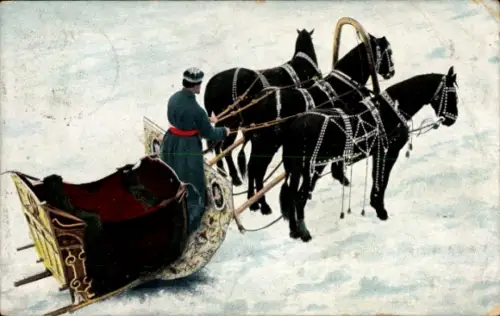 Ak Glückwunsch Neujahr, Schlittengespann, Mann in russischer Volkstracht