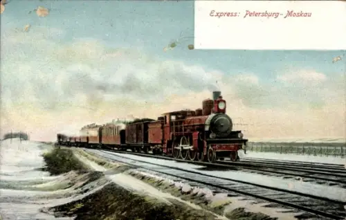 Ak Russland, Expresszug, Strecke Petersburg-Moskau, Dampflokomotive, Bahnstrecke am Wasser