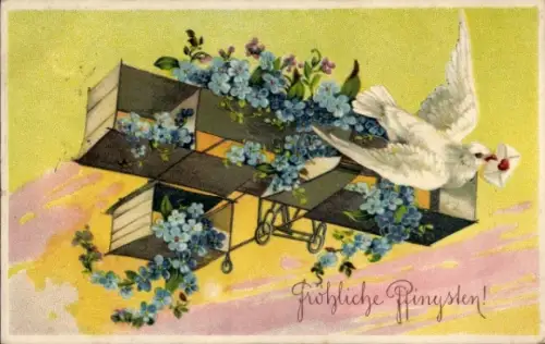 Präge Ak Glückwunsch Pfingsten, Flugzeug, Vergissmeinnicht, Taube
