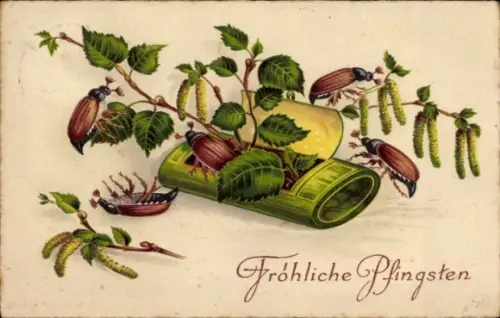 Litho Glückwunsch, Pfingsten, Maikäfer, Birkenzweige