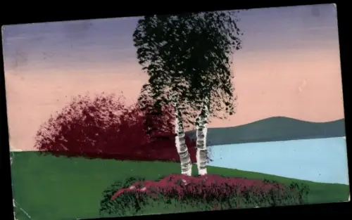 Handgemalt Ak See, Berge, Birken