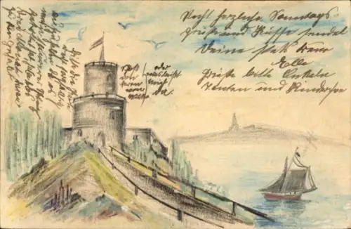 Handgemalt Ak Burg, See, Segelboot
