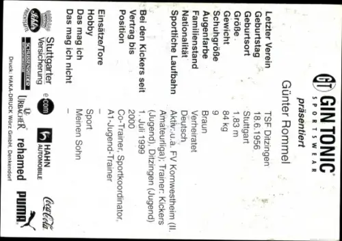 Autogrammkarte Co Trainer Günter Rommel, SV Stuttgarter Kickers, Autogramm