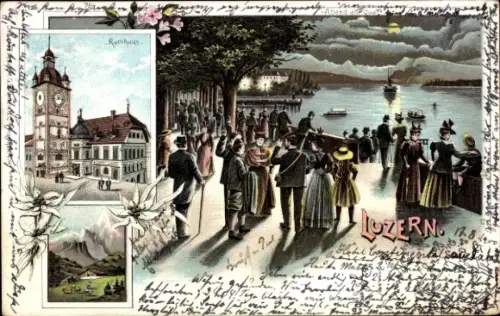 Litho Luzern Stadt Schweiz, Rathaus, Quai