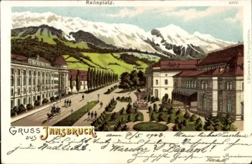 Litho Innsbruck in Tirol, Rennplatz, Bergpanorama