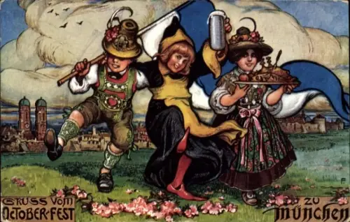 Künstler Ak Gruß vom Oktoberfest, Münchner Kindl, Bier, Lederhose, Dirndl