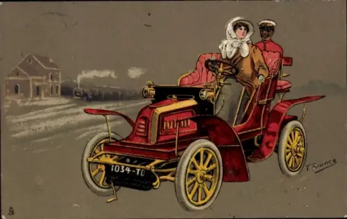 Künstler Ak Bianco, Automobil, Frau am Steuer