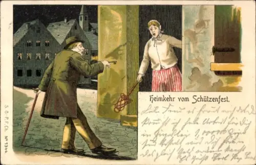 Litho Heimkehr vom Schützenfest, Humor, betrunkener Mann