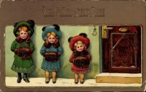 Litho Glückwunsch Neujahr, Drei Mädchen vor einer Tür