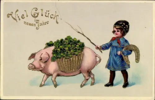 Ak Glückwunsch Neujahr, Kind, Hufeisen, Schwein, Glücksklee