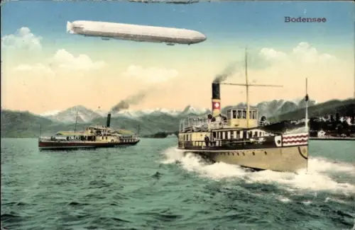 Ak Bodensee, Dampfer, Zeppelin