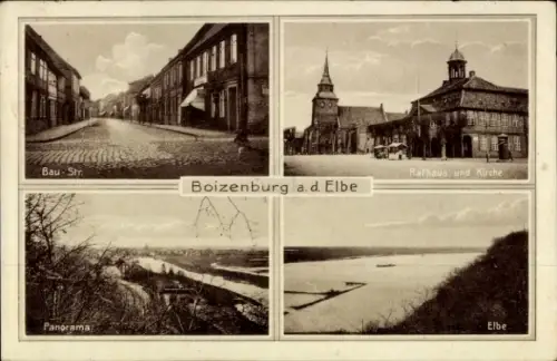 Ak Boizenburg an der Elbe, Rathaus, Kirche, Baustraße, Elbe, Panorama vom Ort