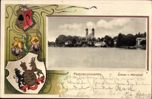 Präge Passepartout Wappen Ak Friedrichshafen am Bodensee, Schloss, Herrenbad