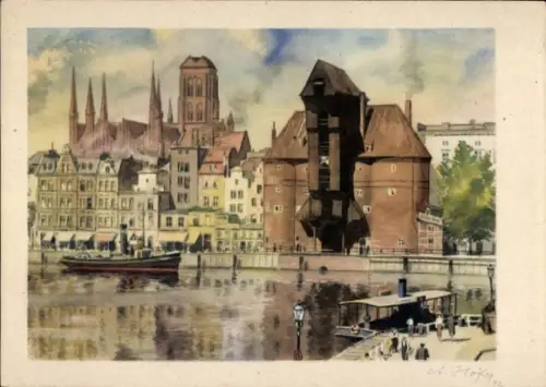 Künstler Ak Höfer, A., Gdańsk Danzig, Krantor, St. Marienkirche, Mottlau