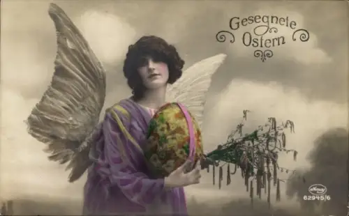 Ak Frohe Ostern, Engel mit Osterei