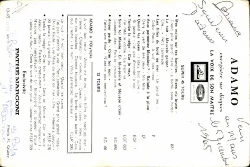 Autogrammkarte Musiker Adamo, Autogramm