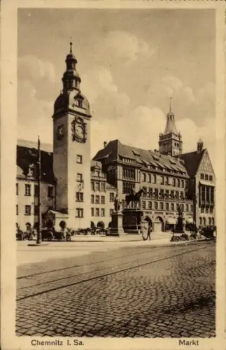 Ak Chemnitz in Sachsen, Rathaus, Marktplatz,  Architektur, Menschen, Pferdefuhrwerke