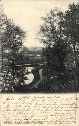 Ak Chemnitz in Sachsen, Chemnitz Stadtpark, neuer Teil, Landschaft mit Wasserweg und Bäumen