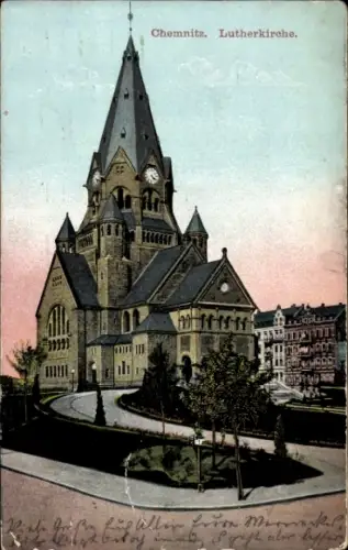 Ak Chemnitz in Sachsen, Lutherkirche, s Gebäude, farbenfrohe 