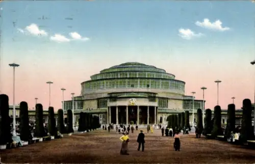 Ak Wrocław Breslau Schlesien, Jahrhunderthalle, Kuppelbau, Menschen, Pflanzen,  Ausstellung