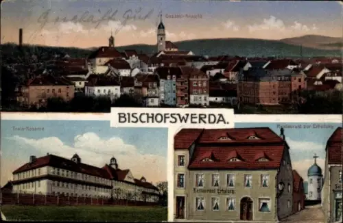 Ak Bischofswerda in Sachsen, Gesamtansicht, Train-Kaserne, Restaurant zur Erholung