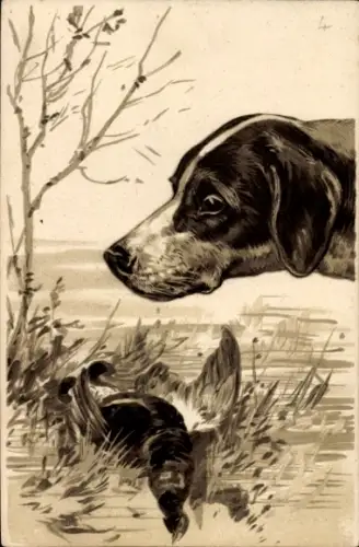Präge Litho Jagdhund mit erlegtem Vogel