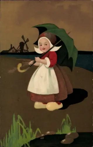 Künstler Ak Mädchen in niederländischer Tracht mit Regenschirm