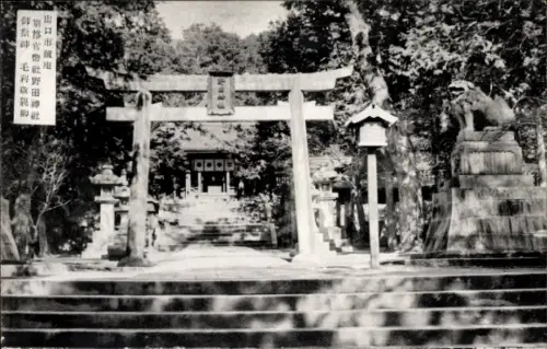 Ak Iwakuni Präfektur Yamaguchi Japan, Torii, Noda-Schrein, Bäume, Treppen, Steinlöwen