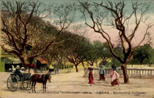 Ak Dakar Senegal, Boulevard National, Bäume, Menschen, Pferdewagen, farbenfrohe 