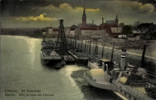 Ak Tamise Temse Temsche Ostflandern,  Maanlicht, Tamise, Effet de lune sur l'Escaut, Schiffe