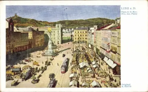 Ak Linz an der Donau Oberösterreich, Linz a. D., Platz d. 12. Nov., Marktstände, Straßenbahn, K. 