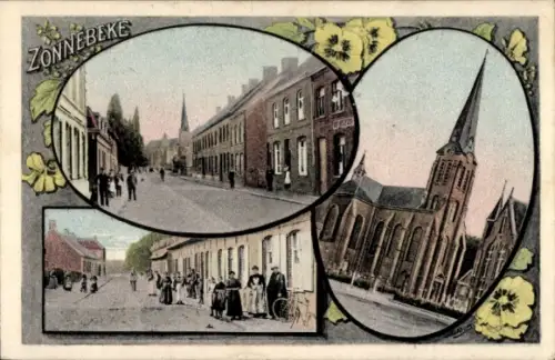 Ak Zonnebeke Zonnebeeke Zonnebecke Westflandern,  Straßenansicht, Kirche, Menschen, Blumenornamen
