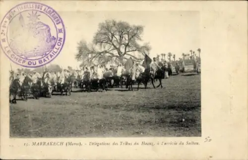 Ak Marrakech Marrakesch Marokko, Reitergruppe, Delegationen, Tribüs du Haouz, Ankunft des Sultans