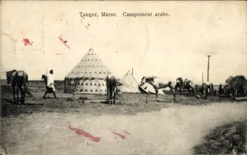 Ak Tanger Marokko, Zeltlager, Pferde, Person, Landschaft,  Marokko