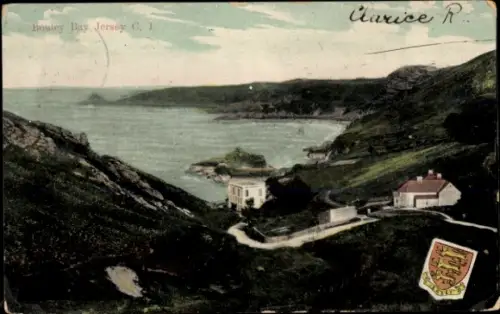 Ak Bouley Bay Kanalinsel Jersey, Küstenlandschaft, Meer, Hügel, Häuser, Wappen