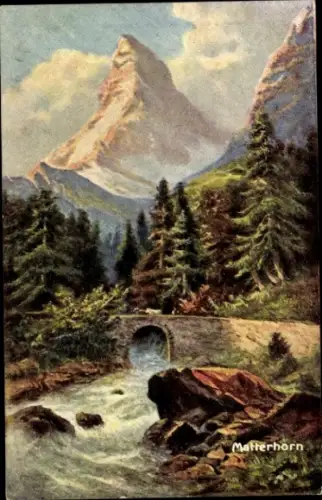 Ak Zermatt Kanton Wallis, Matterhorn,  Gebirge, Fluss, Brücke, Wald