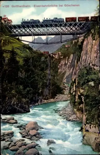 Ak Göschenen Goeschenen Kanton Uri, Eisenbahnbrücke, Gotthardbahn, Fluss, Berge